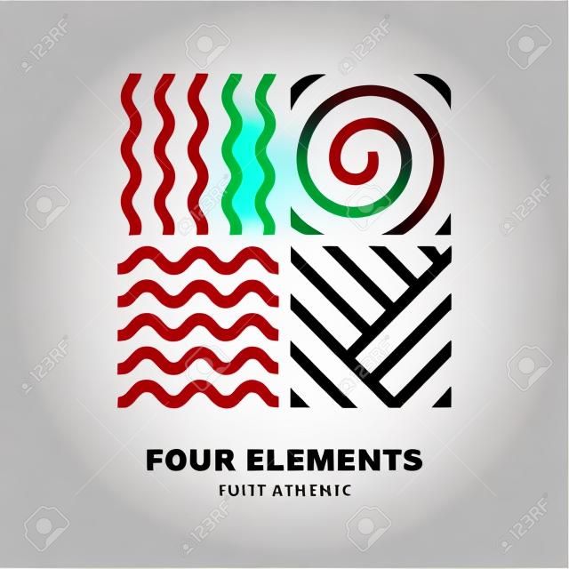 Dört element basit çizgi sembolü. Vektör logo şablonu. Doğa, enerji, turizm, seyahat, iş, sinerji için Özet tasarım konsepti. Ateş, hava, su ve toprak burcu.
