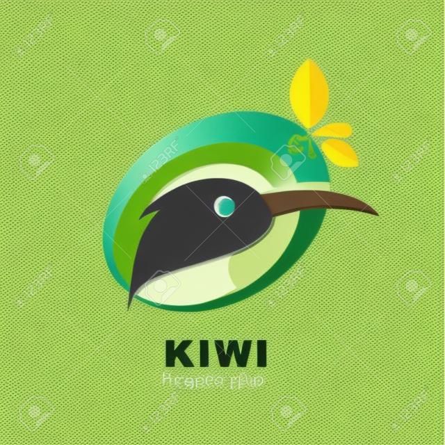 Yeşil yaprakları ile kivi şeklindeki kivi kuş Başkanı, isolated on white background. Vektör logo tasarım şablonu. Düz soyut resimde.