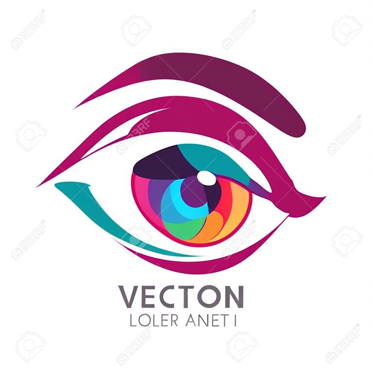 Vector eye illustration with colorful pupil. Abstract logo design element. Design concept for contact lens, optical, glasses shop, oculist, ophthalmology, makeup, visage and cosmetics.