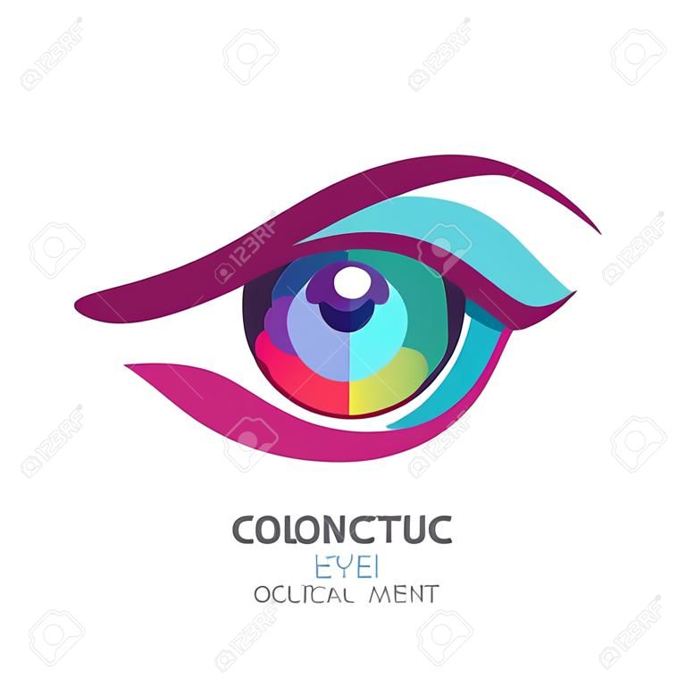 Vector occhio illustrazione con pupilla colorato. Abstract logo elemento di design. Concetto di design per lenti a contatto, ottico, negozio di occhiali, oculista, oftalmologia, trucco, viso e cosmetici.