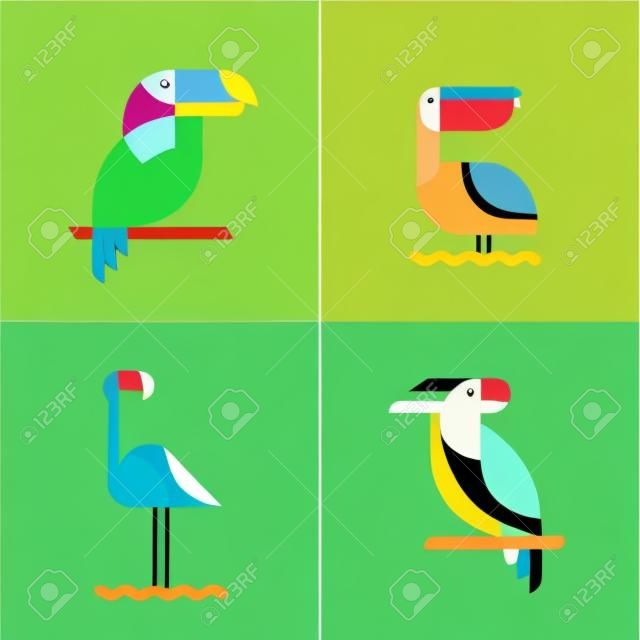 異國情調的熱帶鳥類扁平風格的標誌圖標。設置載體豐富多彩的鳥類插圖大嘴鳥的，鸚鵡鸚鵡，火烈鳥和鵜鶘的。隔離的設計元素和背景。
