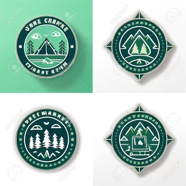 夏のキャンプ、ロゴのデザイン要素の概要を説明します。バッジ、エンブレム、旅行や野外活動のためのラベルのセットです。松やモミの木の森林、山、テント、コンパス、バックパック、自転車のアイコン。