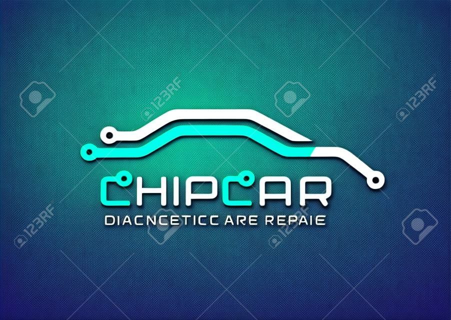 Vector logo with abstract car line silhouette. Diagnostics and repair car service. Automobile chip or scheme symbol. Design concept for diagnosis of automobile electronics, circuit board.