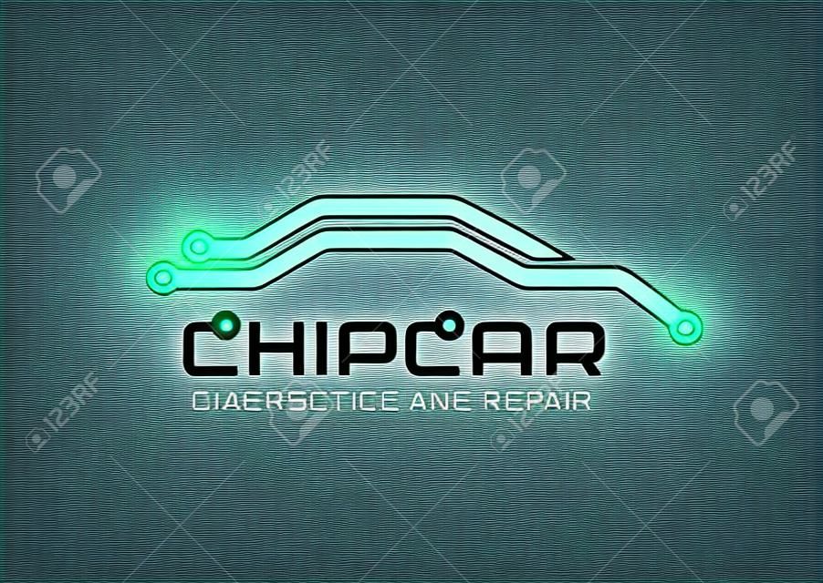Vector logo with abstract car line silhouette. Diagnostics and repair car service. Automobile chip or scheme symbol. Design concept for diagnosis of automobile electronics, circuit board.