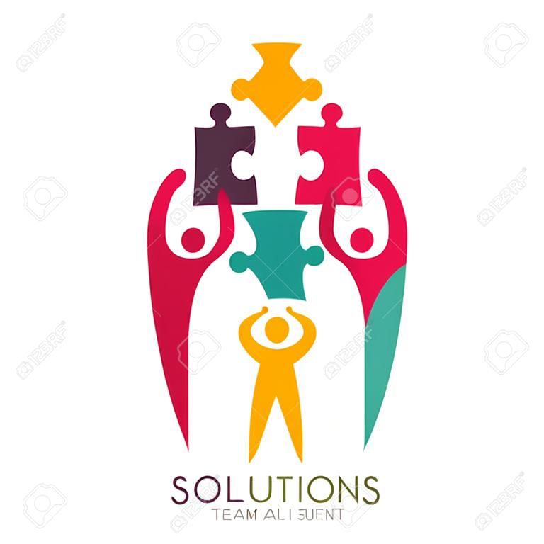 Wektor logo ludzkimi oraz puzzle. Koncepcja rozwiązań biznesowych, integracyjnych, doradztwo, zarządzanie projektami, strategii i rozwoju. Abstrakcyjna ilustracji ludzi i skutecznej pracy zespołowej.
