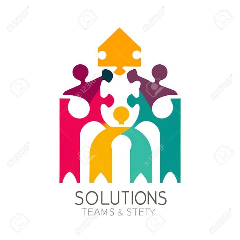 인간과 퍼즐 벡터 로고입니다. 비즈니스 솔루션, 팀 빌딩, 컨설팅, 프로젝트 관리, 전략 및 개발을위한 개념. 사람들과 성공적인 팀 작업의 추상 그림입니다.