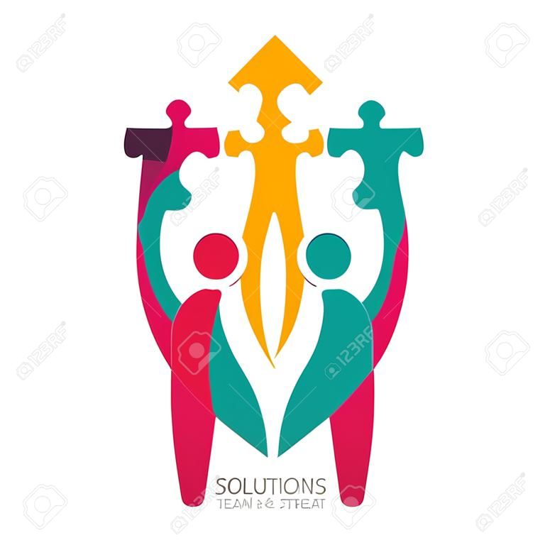 Vector logo con umana e puzzle. Concetto per soluzioni di business, team building, di consulenza, di project management, di strategia e di sviluppo. Abstract illustrazione di persone e di lavoro di squadra di successo.