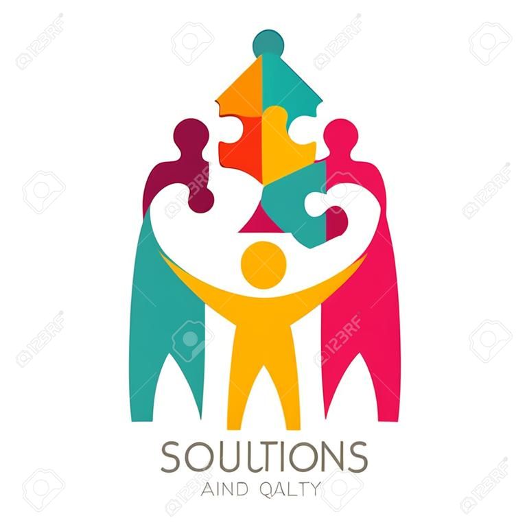 Vector logo con umana e puzzle. Concetto per soluzioni di business, team building, di consulenza, di project management, di strategia e di sviluppo. Abstract illustrazione di persone e di lavoro di squadra di successo.