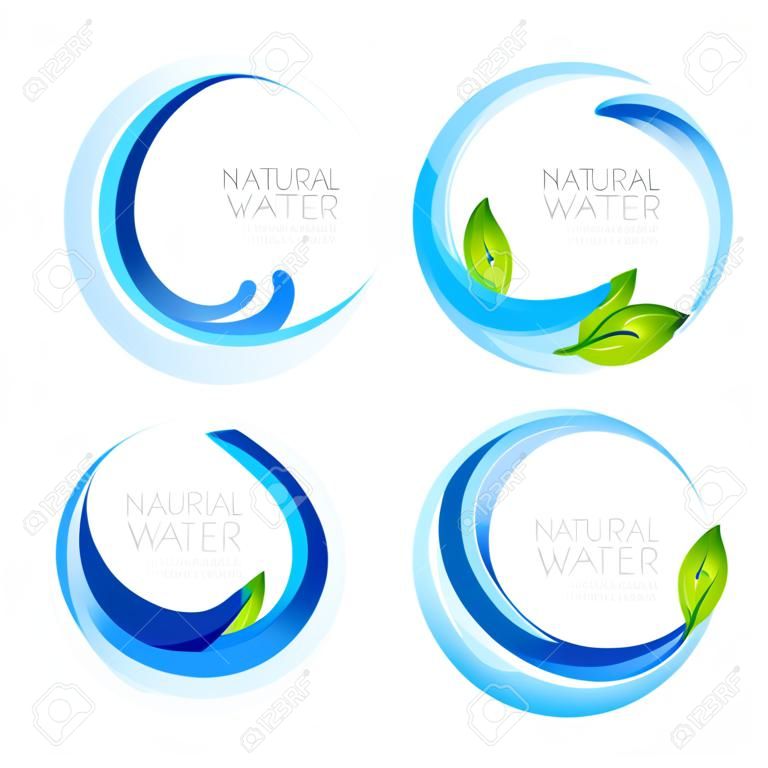 Zestaw logo wektor, elementy projektu ikony z kroplami naturalnej czystej wody i zielonymi liśćmi. Streszczenie niebieska ramka plusk wody. Etykieta wody mineralnej. Krople wody i płynne tło.