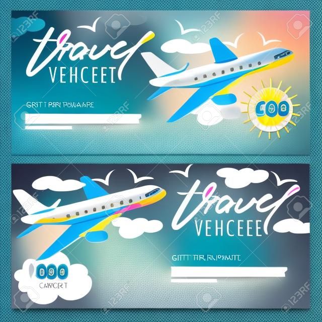 Vector gift travel voucher template. Multicolor flying airplane in the sky. Concept for summer vacation, travel agency and sale ticket. Banner, coupon, certificate, flyer, ticket layout.