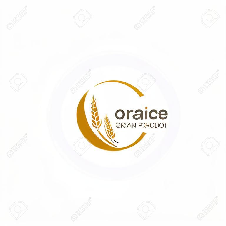 Logotipo do vetor, rótulo ou emblema do círculo do pacote com arroz amarelo, trigo, grãos de centeio. Modelo de design para agricultura asiática, produtos de cereais orgânicos, pão e padaria.