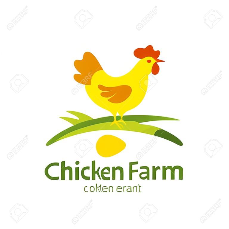 Csirke farm vektor logó, címke, embléma tervezési sablon. Illusztráció tyúk tojás zöld területen. A gazdálkodás és az ökológiai élelmiszeripar, a mezőgazdaság, a baromfiipar, a csomagok koncepciója.