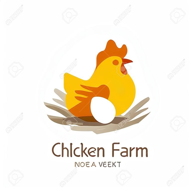 Logo vettoriale di fattoria di pollo, etichetta, modello di progettazione dell'emblema. Gallina con uova nel nido. Concetto per l'agricoltura e l'industria alimentare biologica, l'agricoltura, il settore avicolo, i pacchetti.
