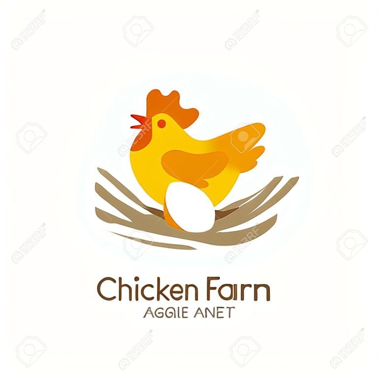 Logo vettoriale di fattoria di pollo, etichetta, modello di progettazione dell'emblema. Gallina con uova nel nido. Concetto per l'agricoltura e l'industria alimentare biologica, l'agricoltura, il settore avicolo, i pacchetti.