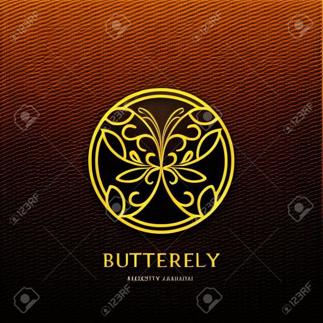 Vector icon, emblem with linear style golden floral butterfly in circle shape. Abstract modern design template. Concept for luxury jewelry, accessories store, beauty spa salon, cosmetics shop.