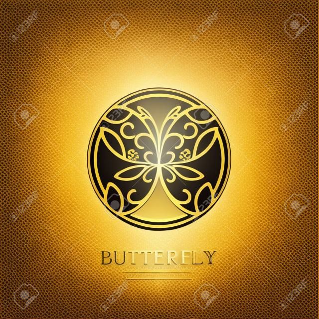 ベクトルアイコン、円形状の直線スタイルの金色の花の蝶を持つエンブレム。抽象的なモダンなデザインテンプレート。高級ジュエリー、アクセサリー店、美容スパサロン、化粧品店のコンセプト。