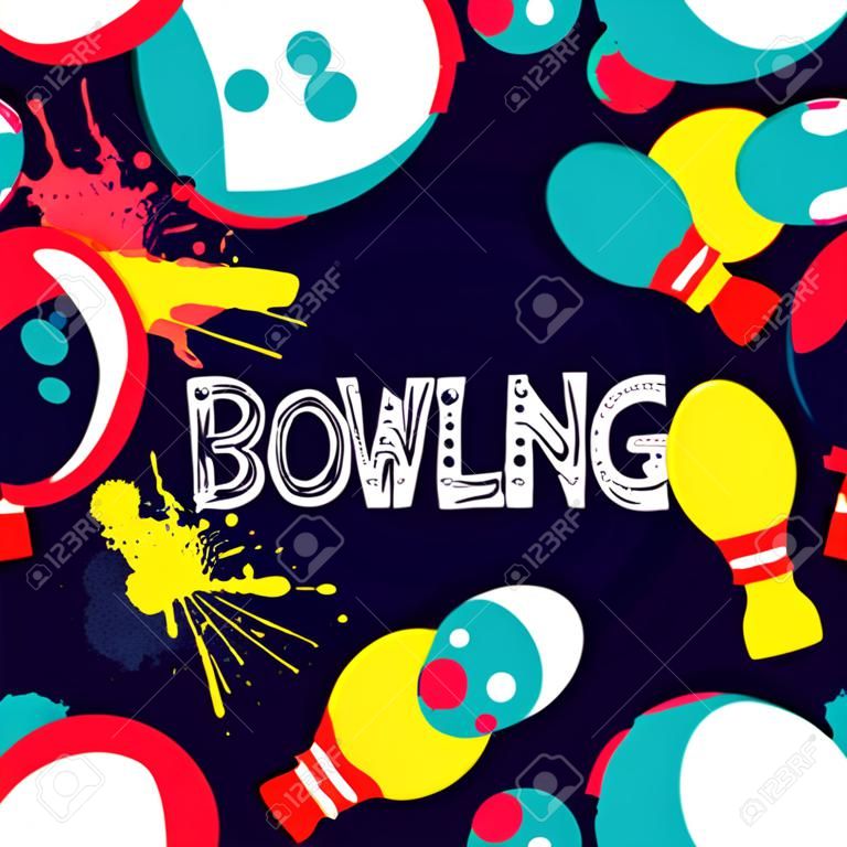 Vector bowling frame background. Abstract watercolor illustration. Bowling ball, pins and sketched letters on colorful splash background. Design elements for banner, poster or flyer.