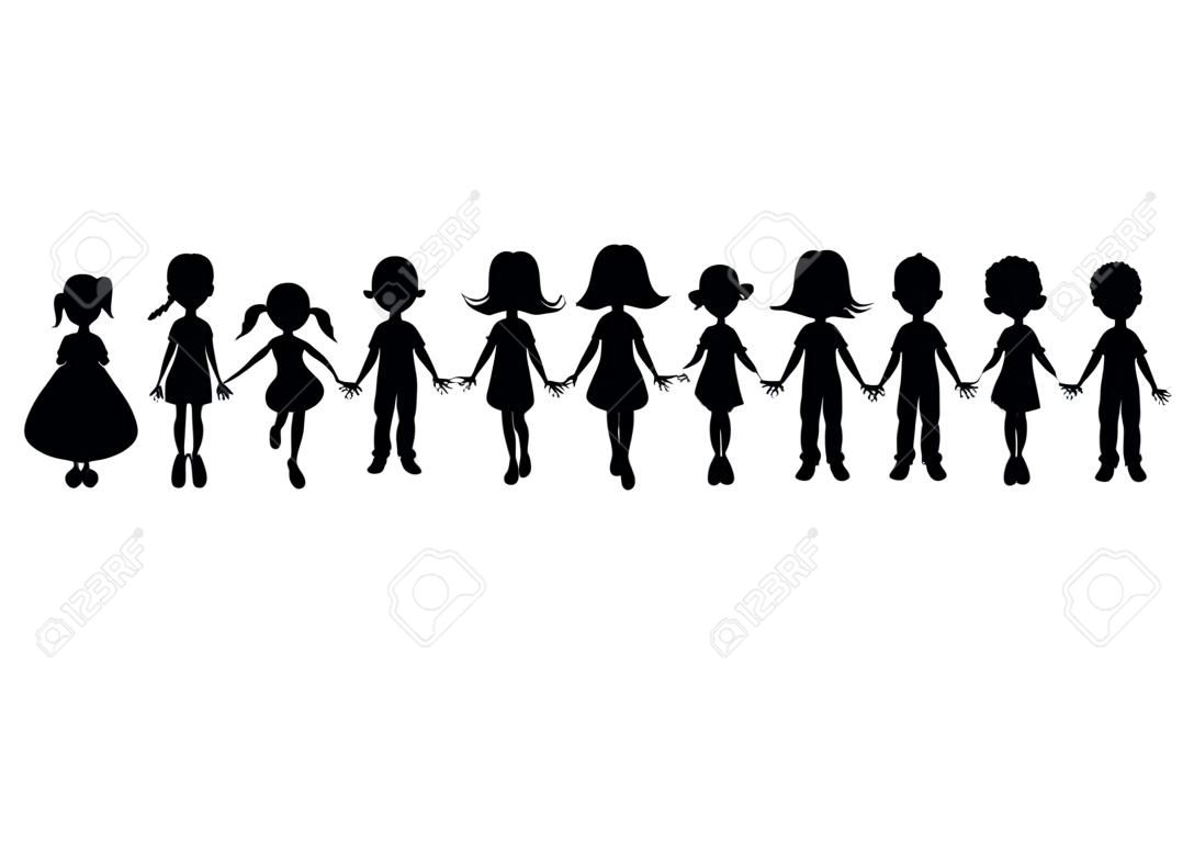 Little kids silhouette vector. Children in a row clipart. Black icons set isolated on white background. Little children silhouette cartoon character