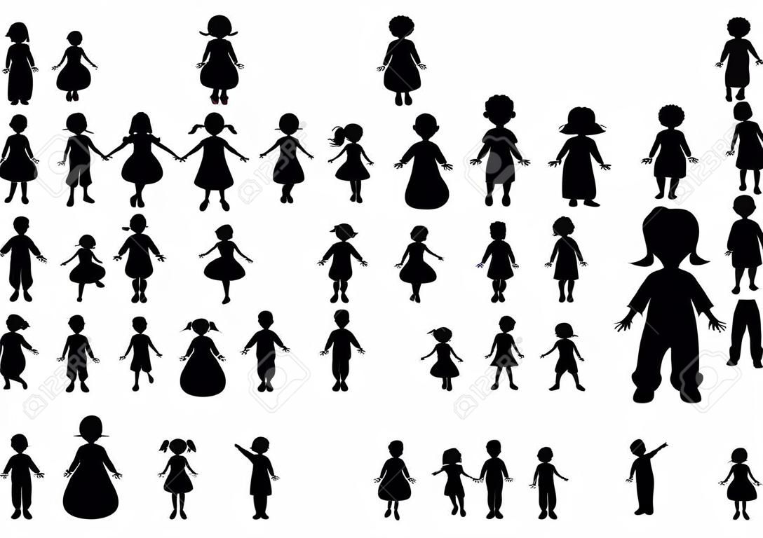 Little kids silhouette vector. Children in a row clipart. Black icons set isolated on white background. Little children silhouette cartoon character