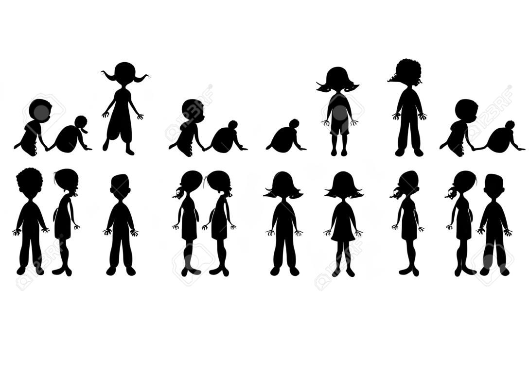 Vector de silueta de niños pequeños. Niños en una fila de imágenes prediseñadas. Conjunto de iconos negros aislado sobre fondo blanco. Personaje de dibujos animados de silueta de niños pequeños