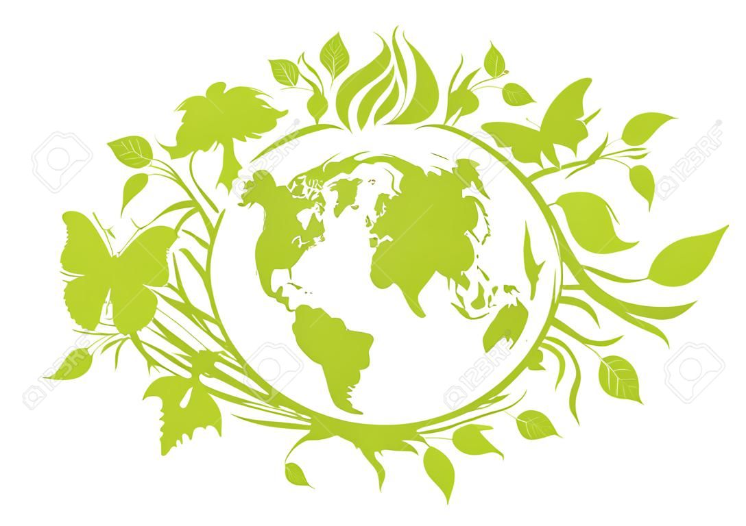 Green eco planet Earth vector. Green planet earth isolated on white background. Planet Earth with fauna and flora vector. Environmental concept with eco planet earth