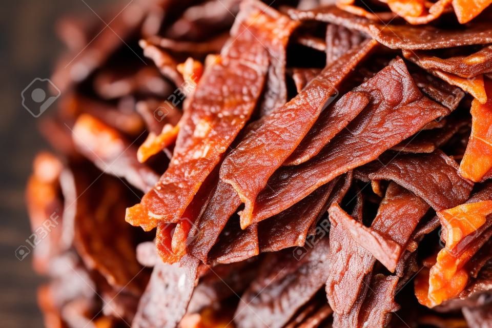 picture of beef jerky, dried meat, food item with long shelf life