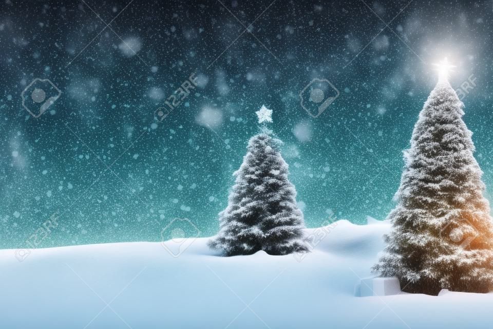 Realistic illustration of decorated fir tree under snow, generative ai