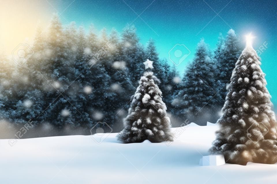 Realistic illustration of decorated fir tree under snow, generative ai