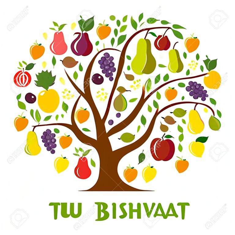 Tou Bichvat carte de voeux, affiche. fête juive, nouvelle année des arbres. Arbre avec différents fruits, arbres fruitiers. Vector illustration