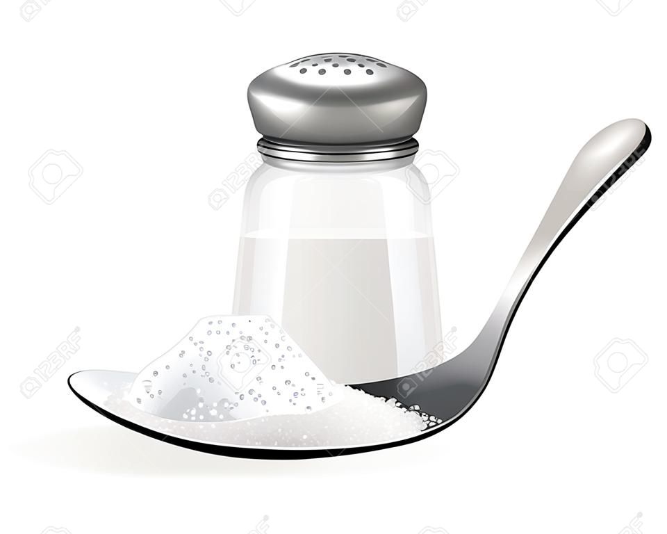 Agitatore di sale realistico 3d e cucchiaio con sale. Isolato su sfondo bianco Vaso di vetro per spezie. Ingredienti per il concetto di cottura. Illustrazione vettoriale