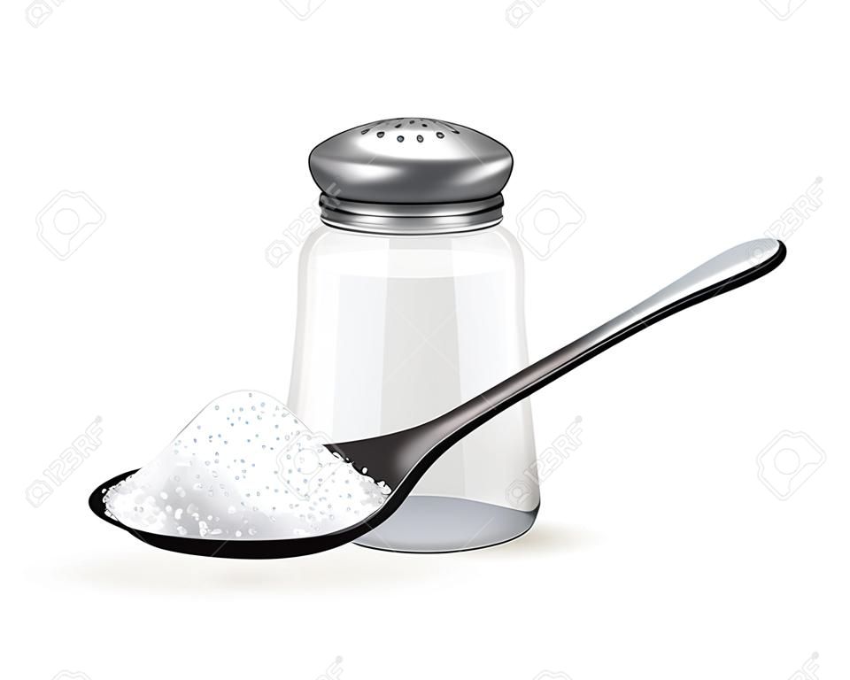 Agitatore di sale realistico 3d e cucchiaio con sale. Isolato su sfondo bianco Vaso di vetro per spezie. Ingredienti per il concetto di cottura. Illustrazione vettoriale