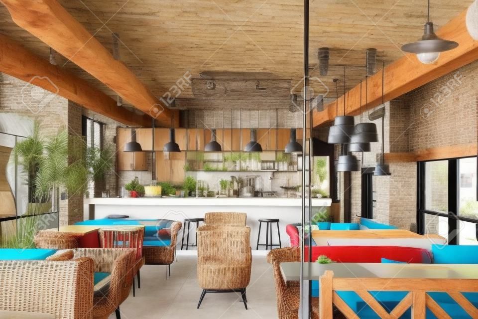 Fantastic interior in a loft style in a mexican restaurant with open kitchen on the background. In front of the kitchen there are wooden tables with multi-colored chairs and sofas. On the sofas there are color pillows. In the kitchen there is a rack with 