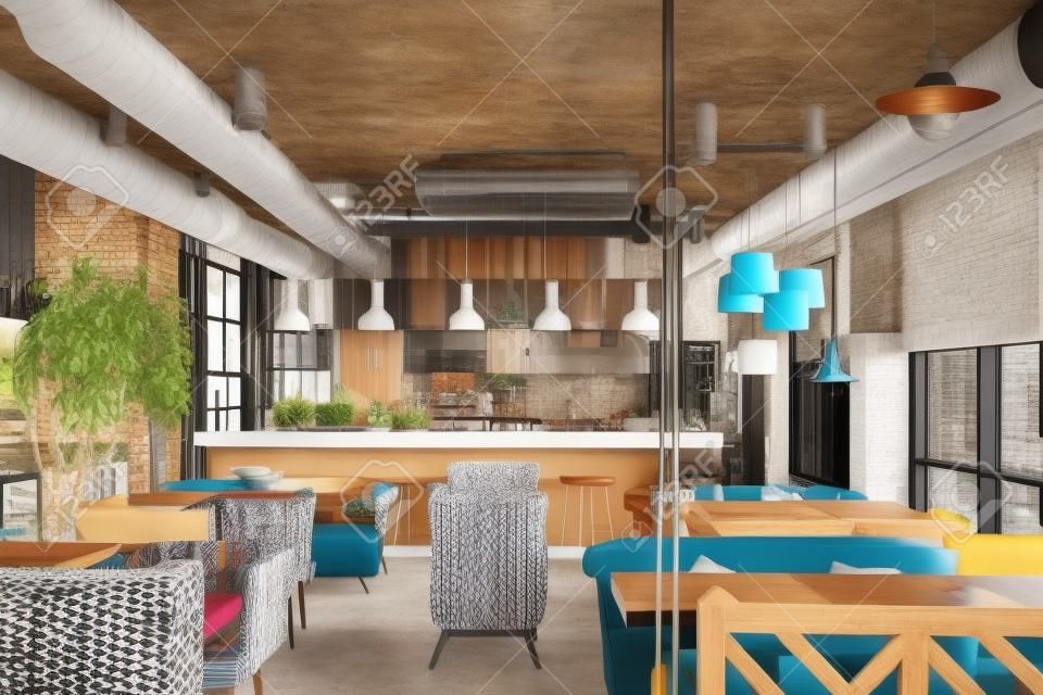 Fantastyczne wnętrze w stylu loftu w meksykańskiej restauracji z otwartą kuchnią w tle. Przed kuchnią są drewniane stoliki z wielobarwnymi krzesłami i sofami. Na kanapach znajdują się kolorowe poduszki. W kuchni znajduje się stojak