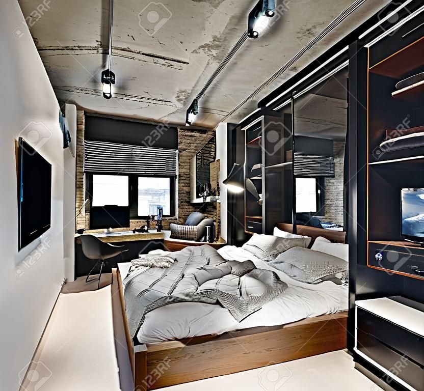 Schlafzimmer in einem Loft-Stil mit Ziegelmauer und Betondecke. Es gibt einen Fernseher, Bett mit Kissen, Lampen mit Schirmen, Schrank mit Glasschiebetüren, Tische, Sessel, Parkett mit einem Teppich.