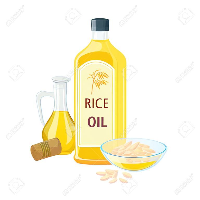leo de arroz em garrafas de vidro isoladas no fundo branco. Ilustração vetorial de óleo de farelo de arroz em tigela de vidro, garrafa e jarro com gota de óleo.