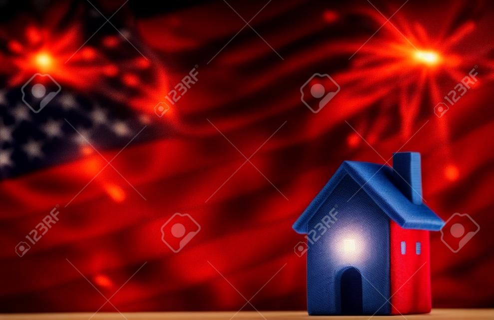 4th of july of independence day, labor day, USA Flag on Fabric texture, House model with firework on Flag background