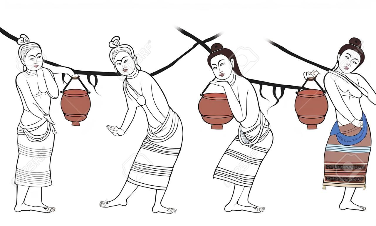 Tatouage traditionnel thaïlandais, peinture traditionnelle thaïlandaise dans le temple, image vectorielle