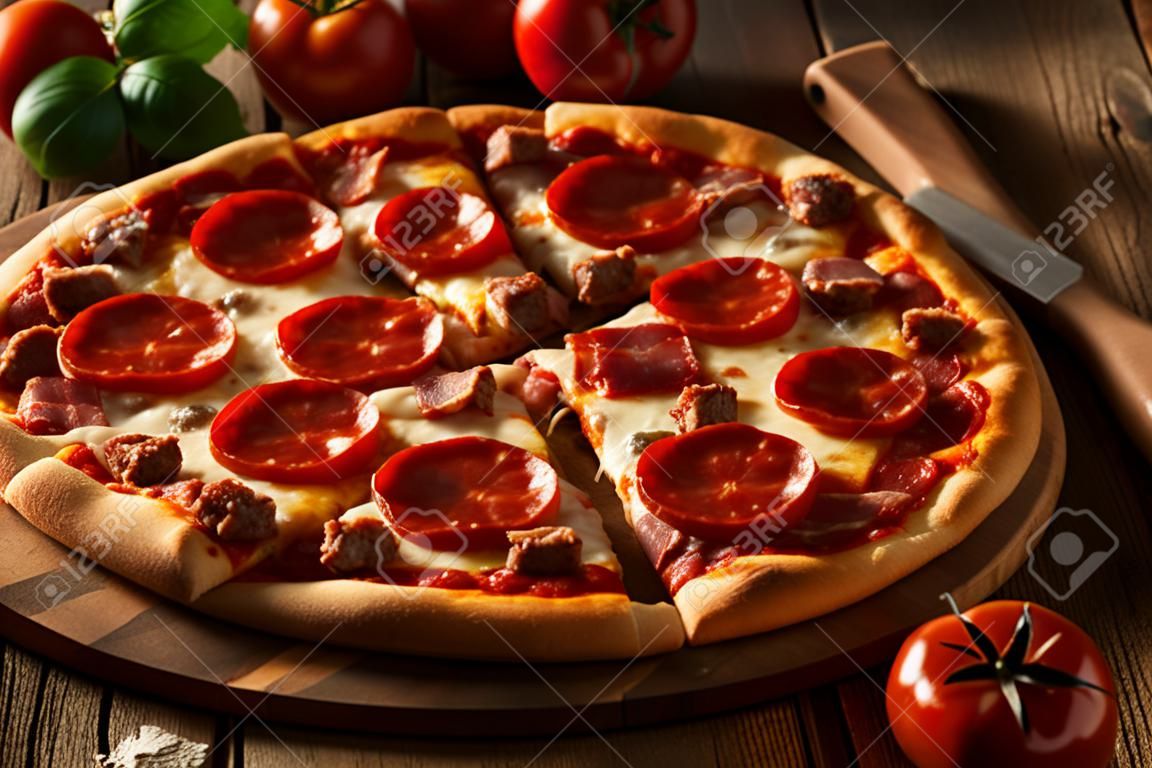 自家製の肉が大好きなペパロニ ソーセージとベーコンのピザ