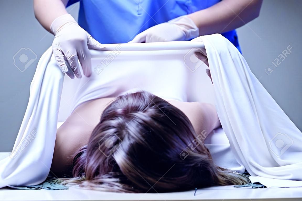 Covering female body in the mortuary, horizontal