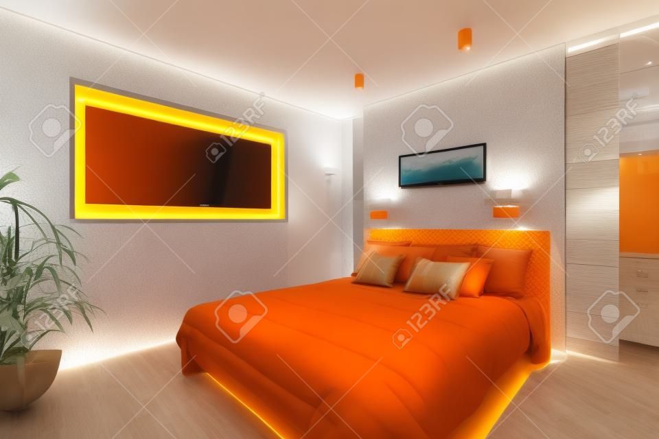 Designer Schlafraum mit orange Wand und Farbkissen