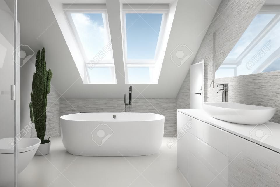 Porselein vrijstaand bad in ontworpen witte badkamer