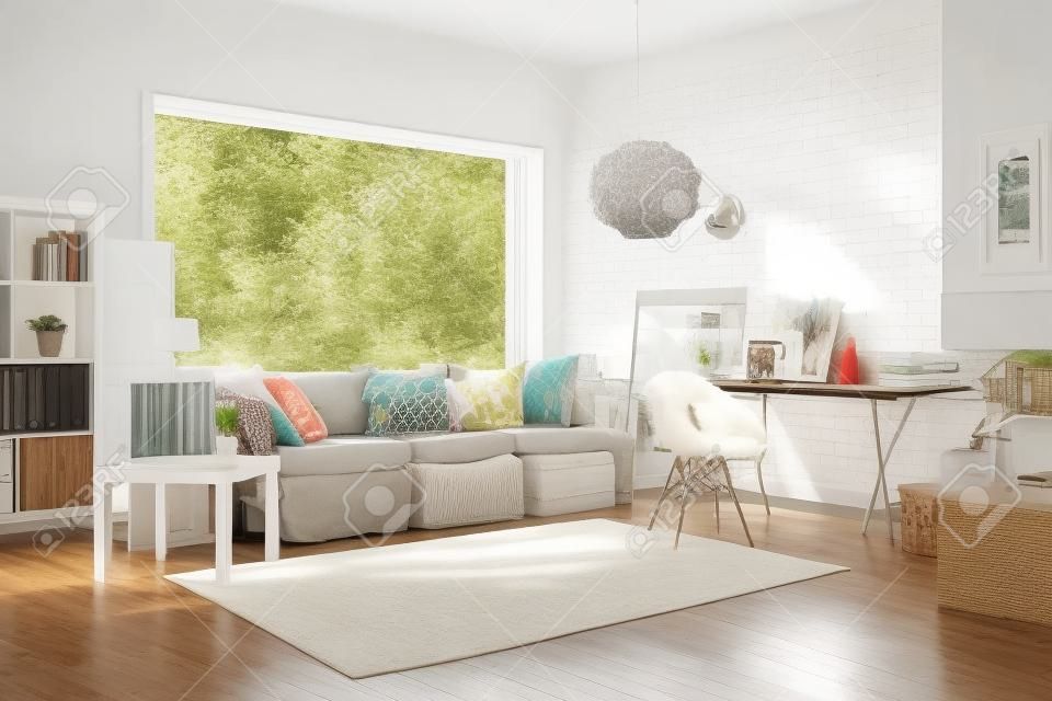 Cozy világos nappali és nagy ablak