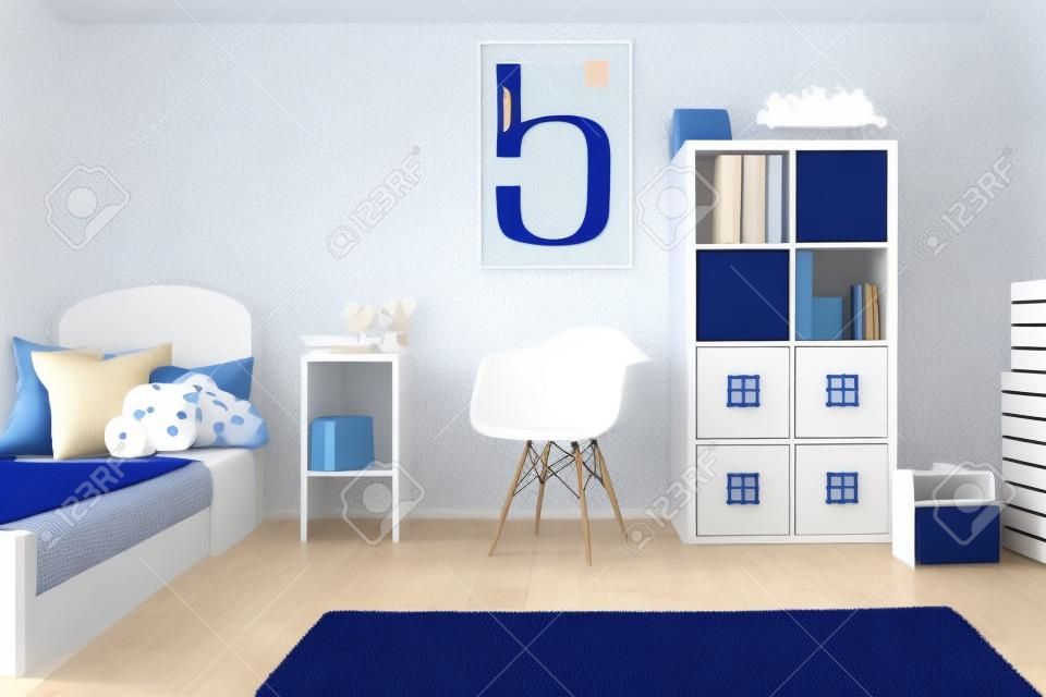 男孩房間裡白色和藍色的地板和地毯