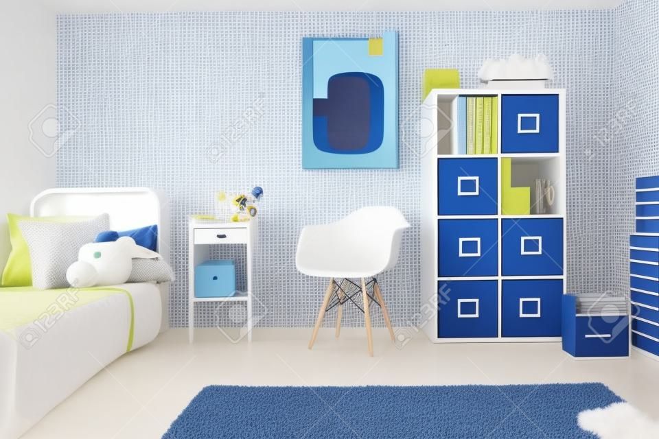 Boy room in white and blue with flooring and carpet