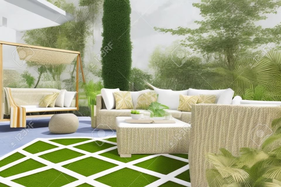 快適な籐の家具、パターン カーペットが付いている新しいデザイン ヴィラ テラス