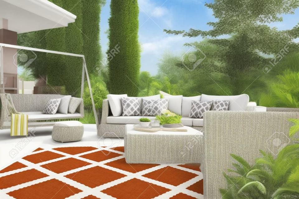 Novo pátio villa design com mobiliário de vime confortável e tapete padrão
