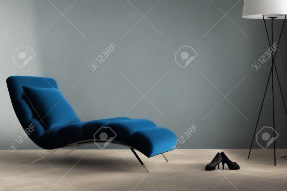 Chaise のラウンジ、青い枕、黒い靴に設計されたランプとスタイリッシュなリビング ルーム