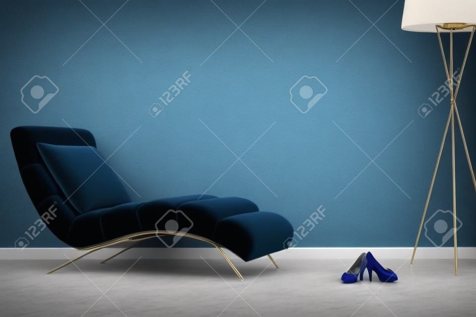 Chaise のラウンジ、青い枕、黒い靴に設計されたランプとスタイリッシュなリビング ルーム