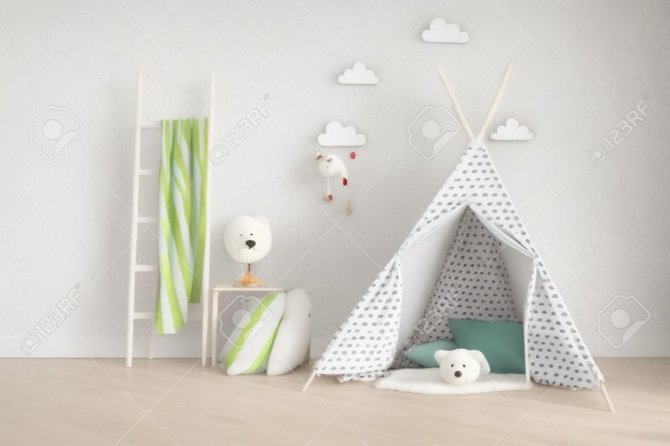 Stijlvolle, gepatterde teepee met een witte teddybeer erin liggen, in een minimalistische. scandinavian kid slaapkamer