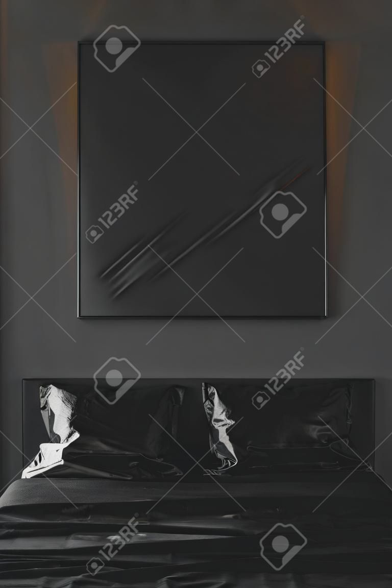 Black poster above bed in minimal monochromatic bedroom interior